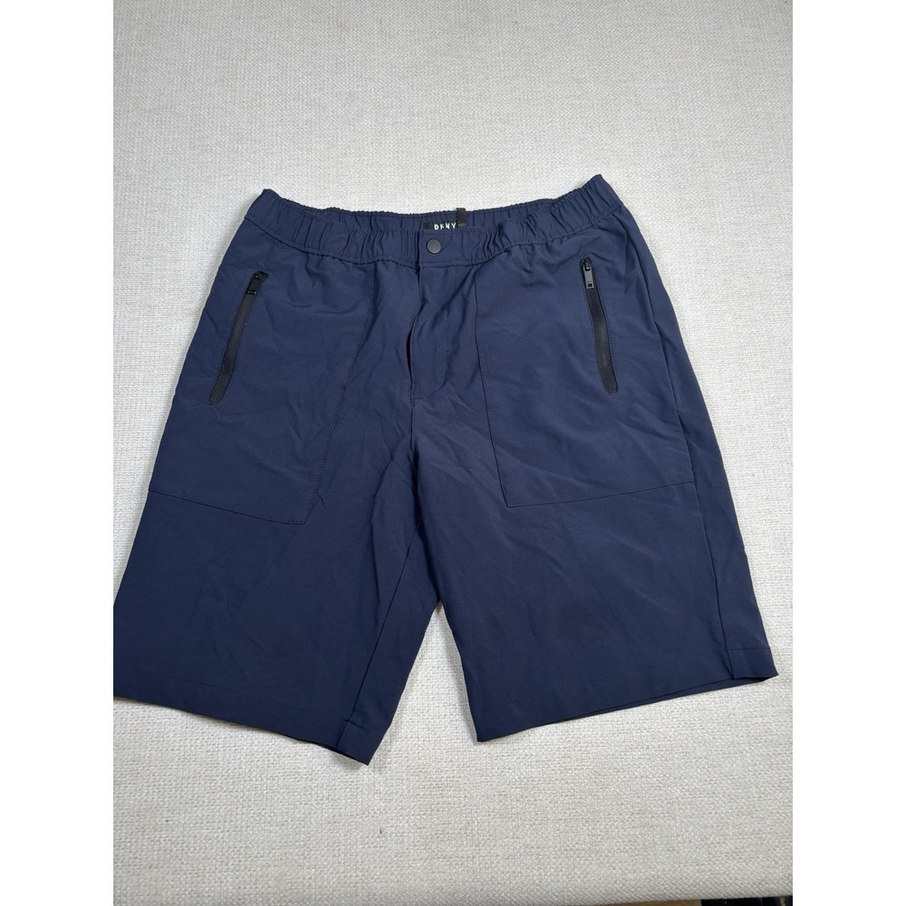 DKNY Men's Performance Stretch Tech Shorts Navy Blue Elastic Waist Zip Pocket M